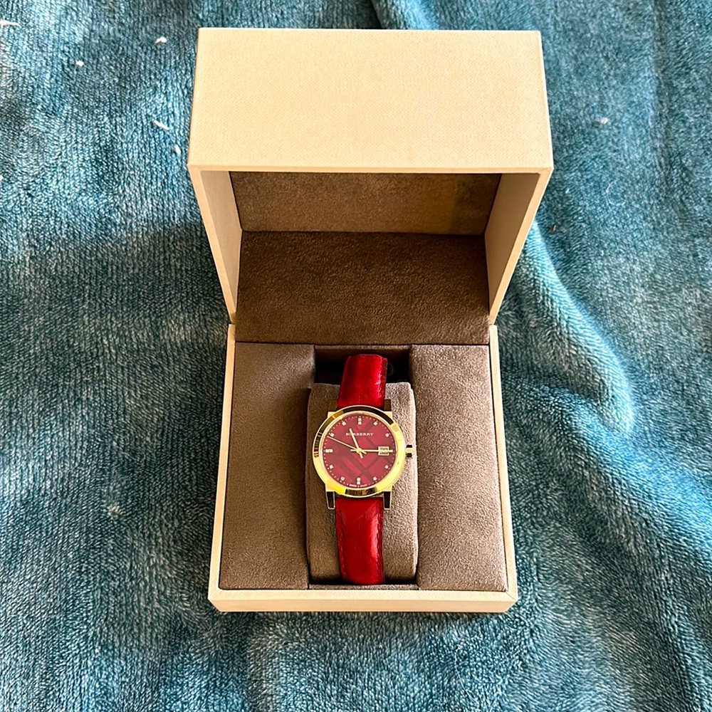 Burberry watch red leather band gold hardwear